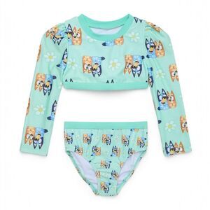 Bluey Toddler Rash Guard Bikini Swimsuit Set Mint Floral Long Sleeve Size 2T UPF
